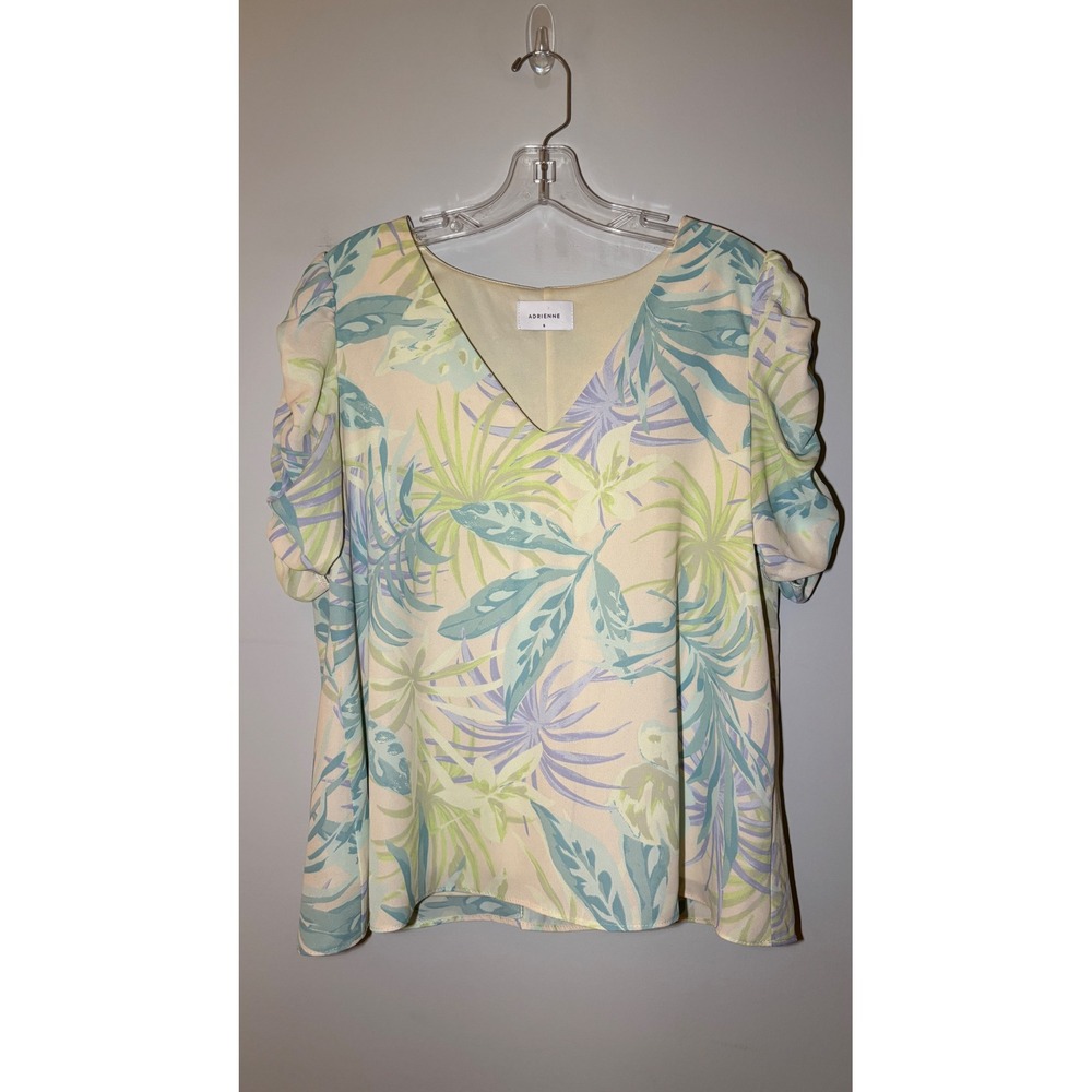 Adrienne Tropical Palm Print Blouse Women Small V-Neck Ruched Puff Sleeve Cream